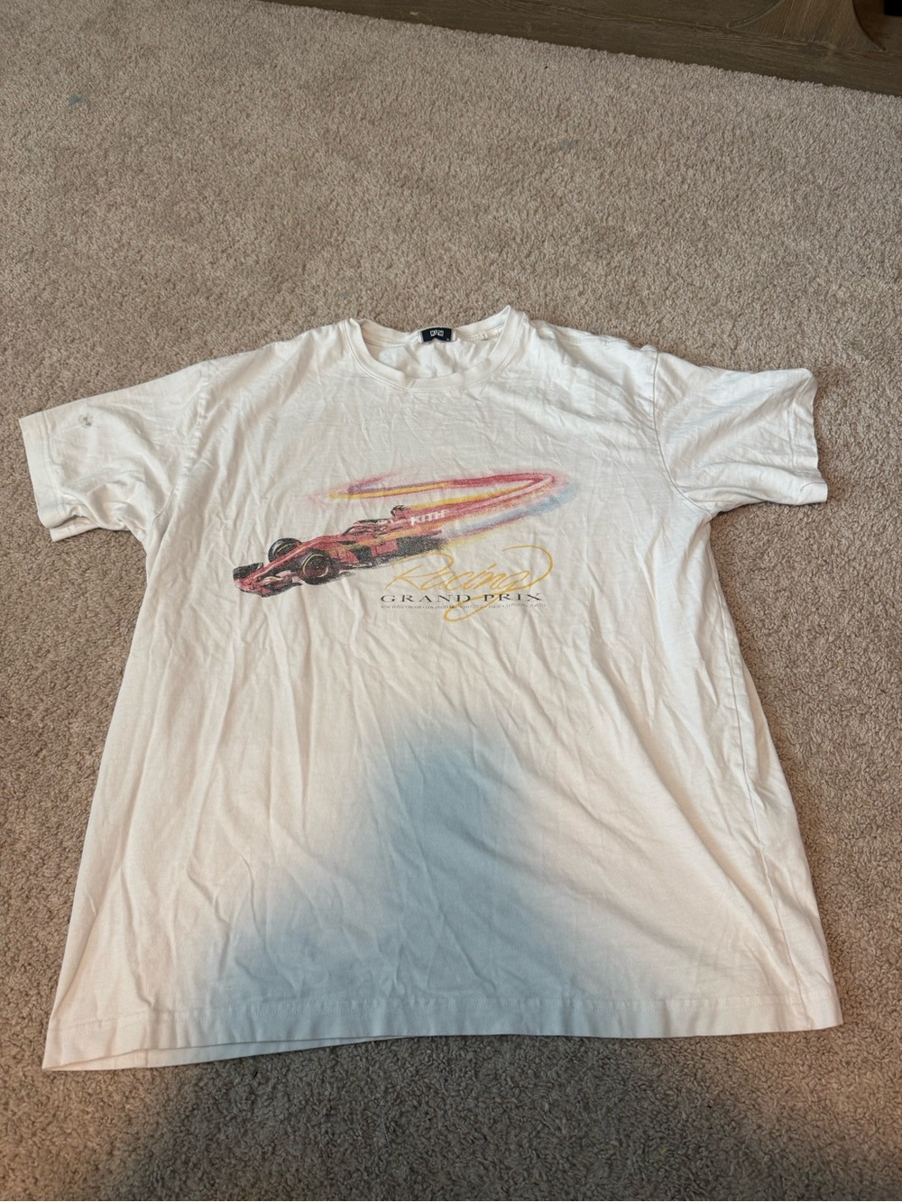 Kith White Graphic Racing Tee with Red Car and Yellow Accents